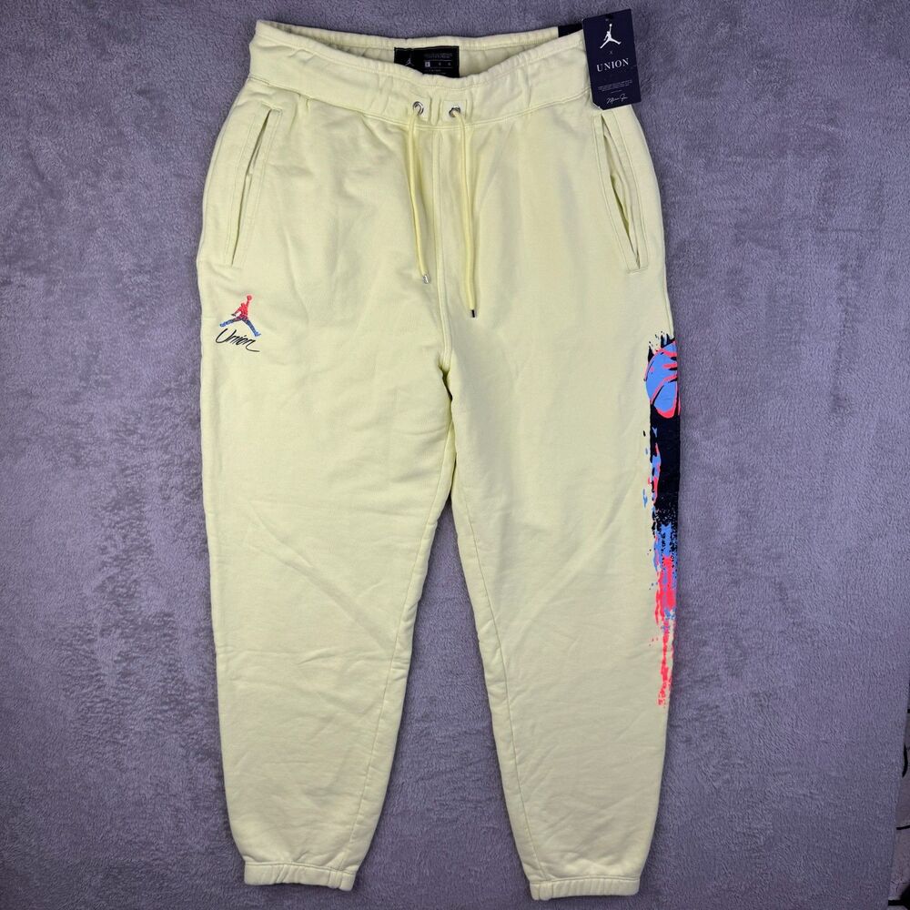 Jordan Union Sweatpants Mens Large Pale Yellow Logo Drawstring Waist Tapered Leg